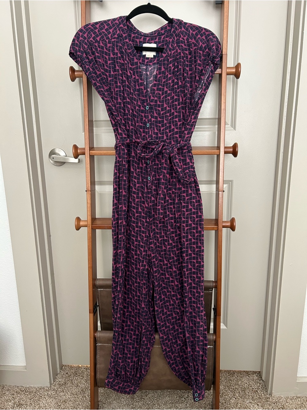 Maeve Purple and Pink Short-Sleeve Button-Front Jumpsuit